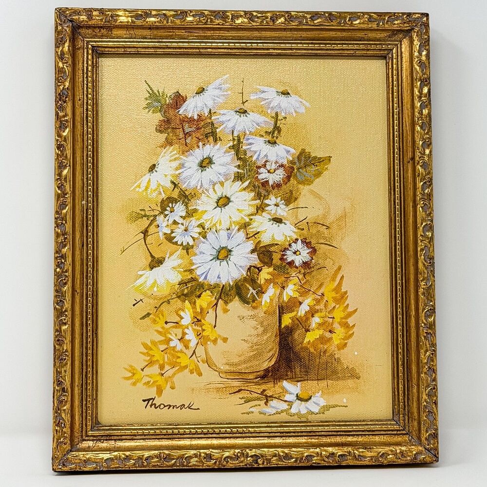 Floral Still Life Oil Painting In Ornate Gold Frame Daisy's & Red Flowers 11"x9"